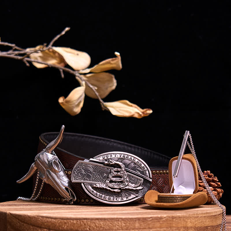 Set di collana con ciondolo a forma di toro con corna di cervo, fibbia a serpente e coltello nascosto fai da te - 3 pezzi - Cintura con rivetti marroni - 42 - image 8
