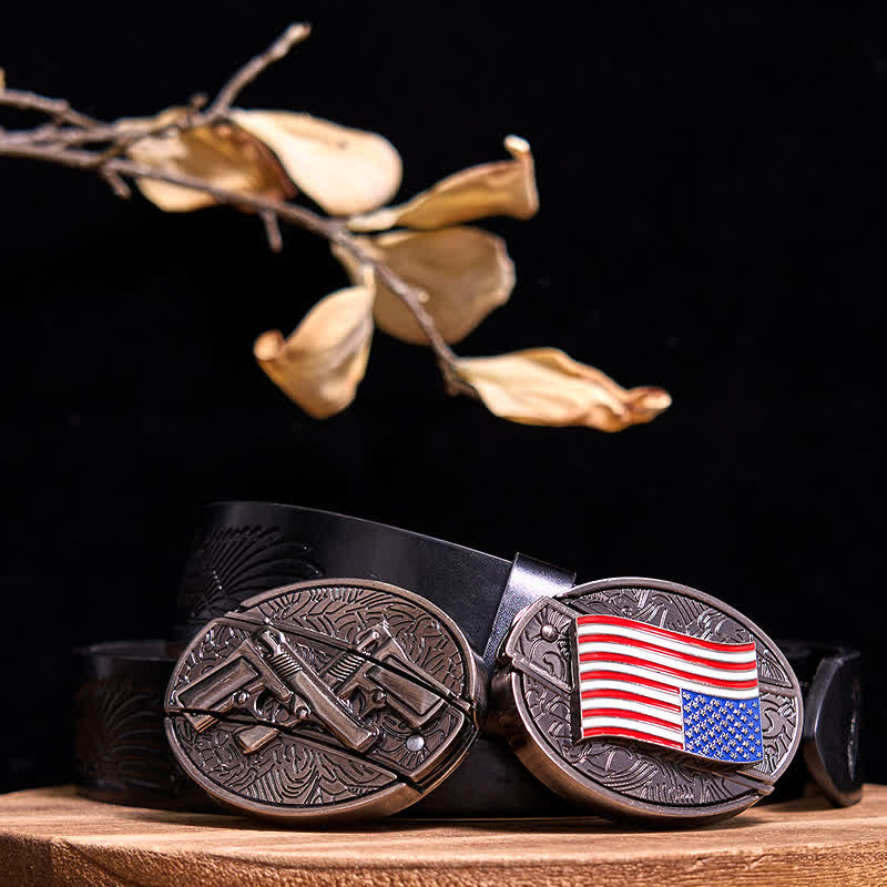 Set di fibbie per coltelli nascosti fai da te con doppie pistole e bandiera USA - Set in bundle - Cintura con aquila in rilievo nera - 42 - image 5