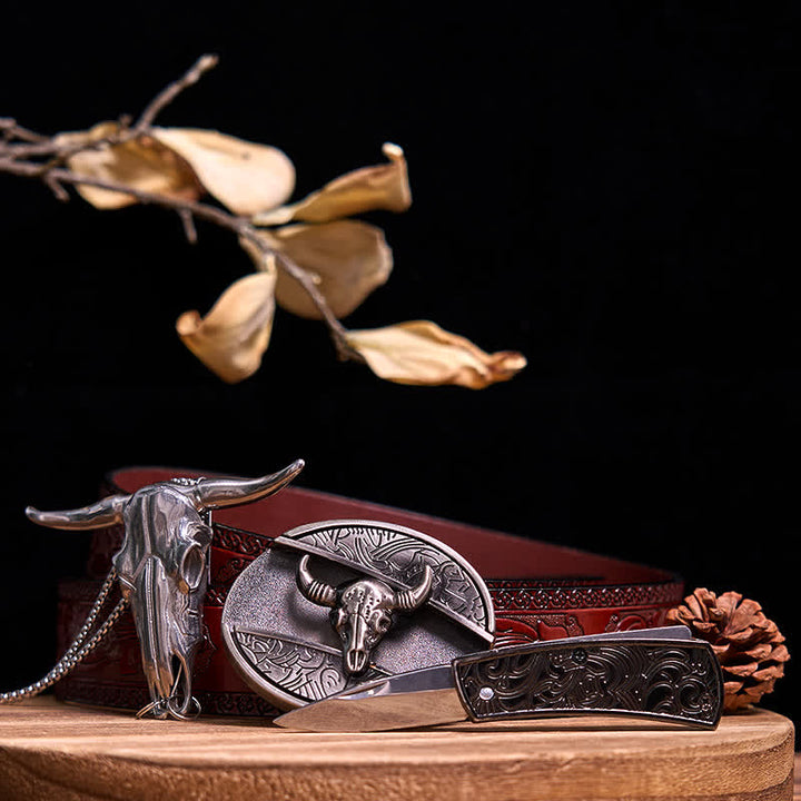 Gadget Western fai da te, fibbia per coltello nascosto, ciondolo a forma di toro Longhorn - Toro - Cintura marrone intagliata - 40 - image 37