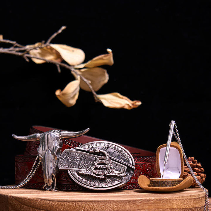 Set di collana con ciondolo a forma di toro con corna di cervo, fibbia a serpente e coltello nascosto fai da te - 3 pezzi - Cintura marrone intagliata - 42 - image 10