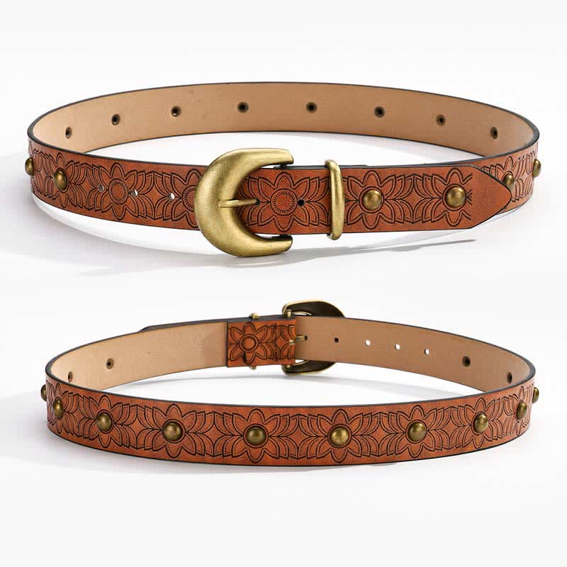 Cintura elegante in pelle con rivetti in bronzo stampati a fiori - image 2