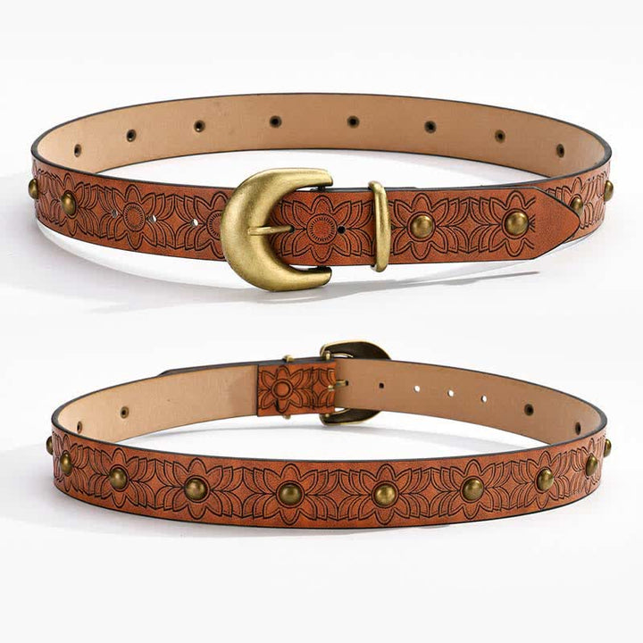 Cintura elegante in pelle con rivetti in bronzo stampati a fiori - image 2