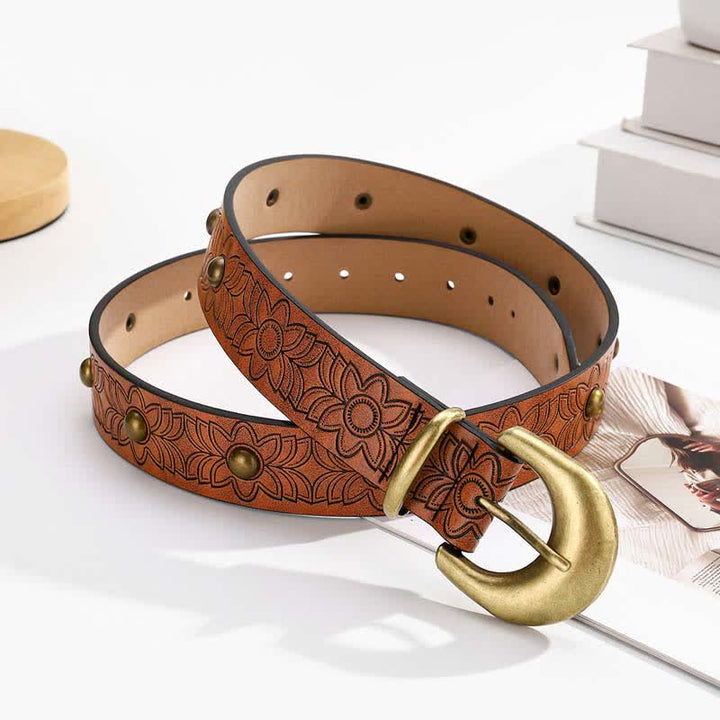 Cintura elegante in pelle con rivetti in bronzo stampati a fiori - Marrone - 38 - image 0