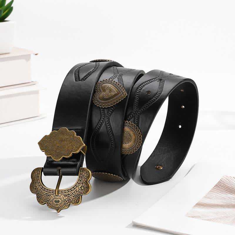 Cintura in pelle nera con cuore in bronzo antico e rivetti rotondi - image 1