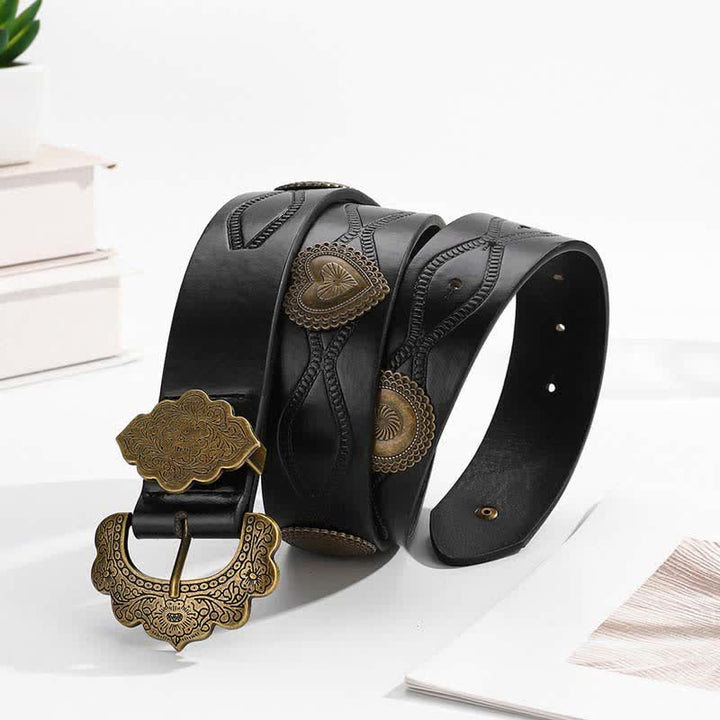Cintura in pelle nera con cuore in bronzo antico e rivetti rotondi - image 1