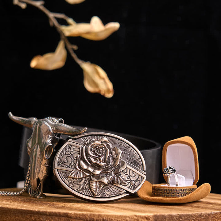 Set di ciondoli a forma di toro con fibbia per cintura con coltello nascosto fai da te a tema rosa - Rosa - Cintura con aquila in rilievo nera - 42 - image 0