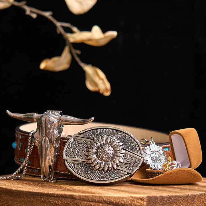 Set di ciondoli a forma di toro con fibbia per cintura con coltello nascosto fai da te a tema girasole - Girasole - Cintura intagliata turchese - 42 - image 6