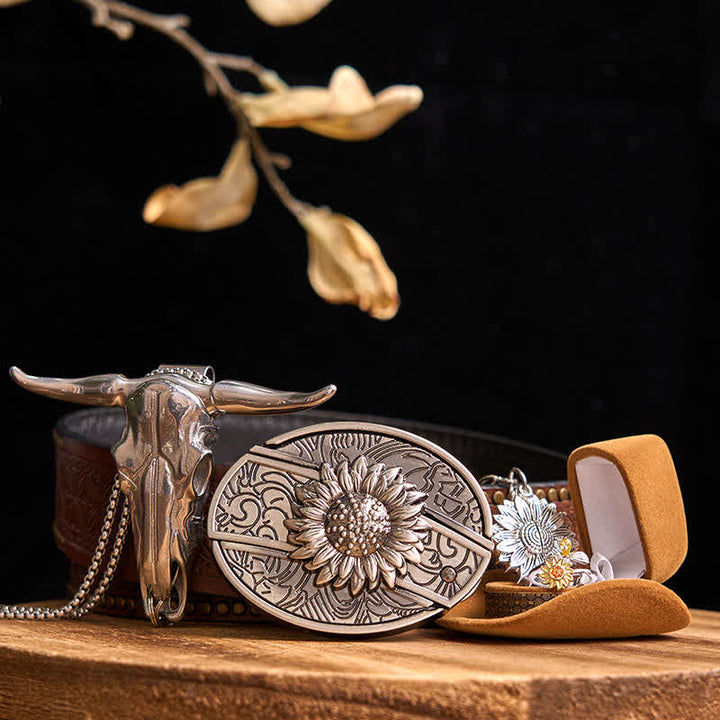 Set di ciondoli a forma di toro con fibbia per cintura con coltello nascosto fai da te a tema girasole - Girasole - Cintura con rivetti marroni - 42 - image 7