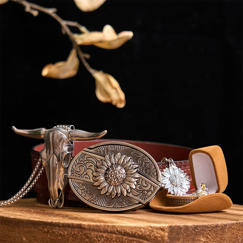 Set di ciondoli a forma di toro con fibbia per cintura con coltello nascosto fai da te a tema girasole - Girasole - Cintura marrone intagliata - 42 - image 9