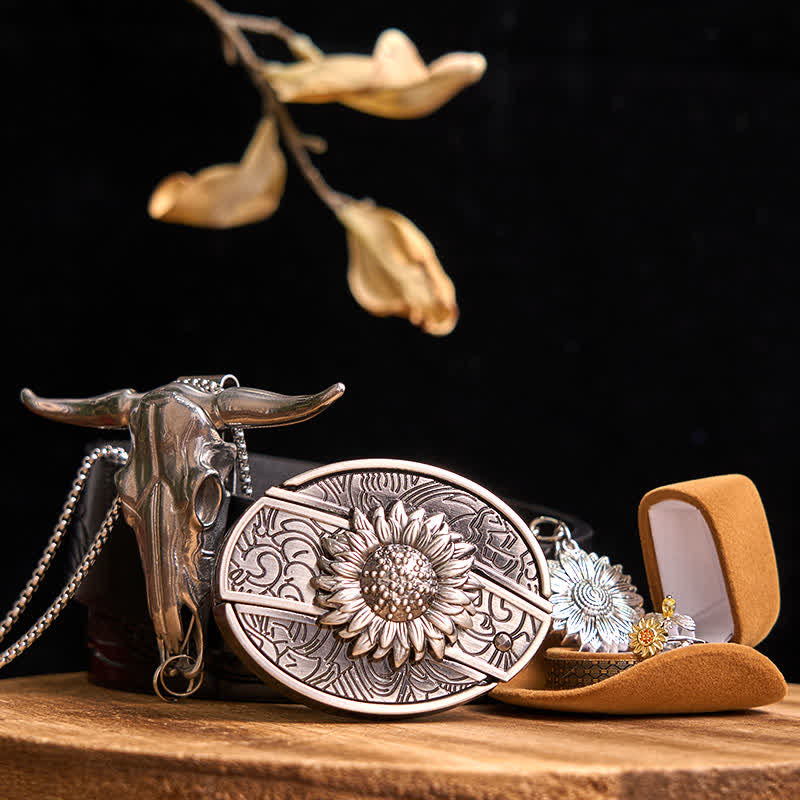 Set di ciondoli a forma di toro con fibbia per cintura con coltello nascosto fai da te a tema girasole - Girasole - Cintura con aquila in rilievo nera - 42 - image 0