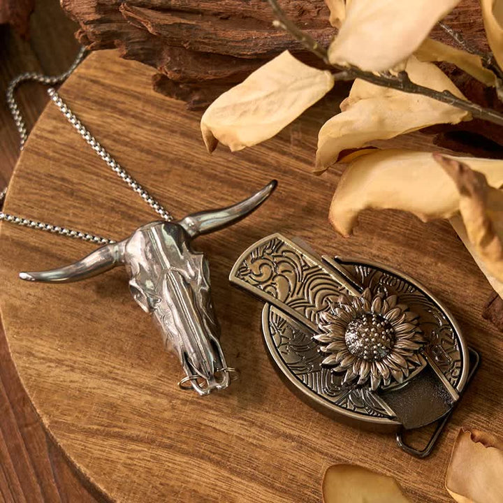 Set di ciondoli a forma di toro con fibbia per cintura con coltello nascosto fai da te a tema girasole - image 1