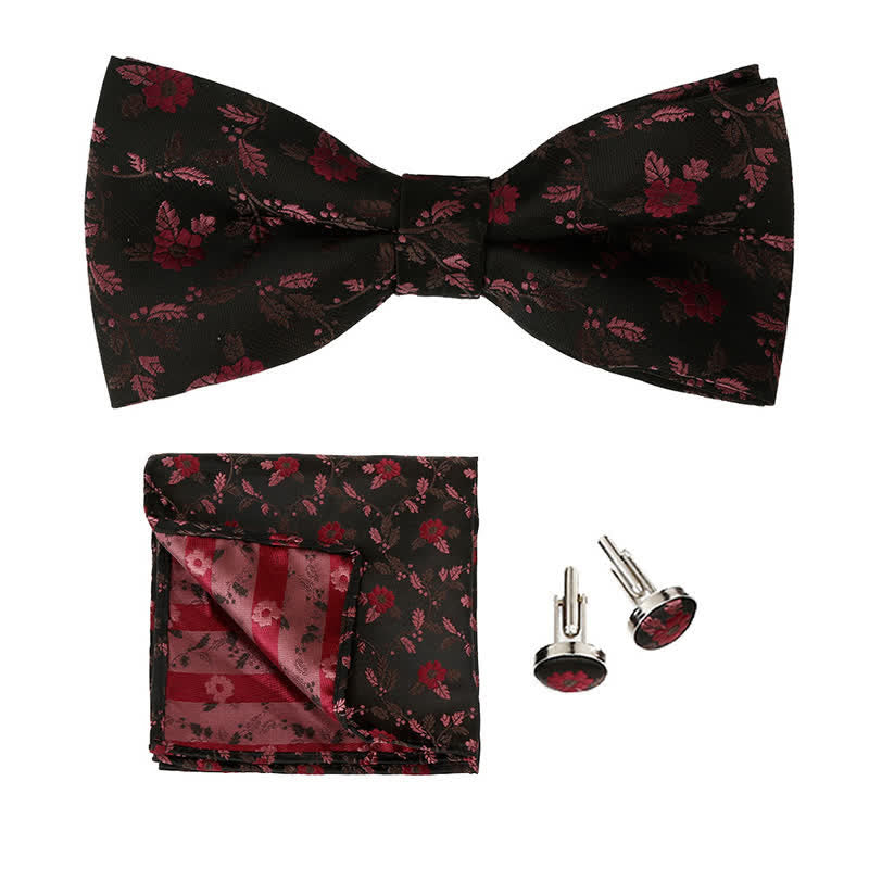 Set di 3 cravatte a farfalla con fazzoletto da taschino e fiori colorati da uomo - Rosso scuro - image 1