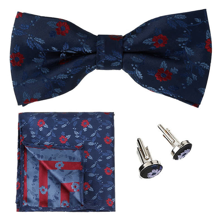 Set di 3 cravatte a farfalla con fazzoletto da taschino e fiori colorati da uomo - Blu marino e rosso - image 5