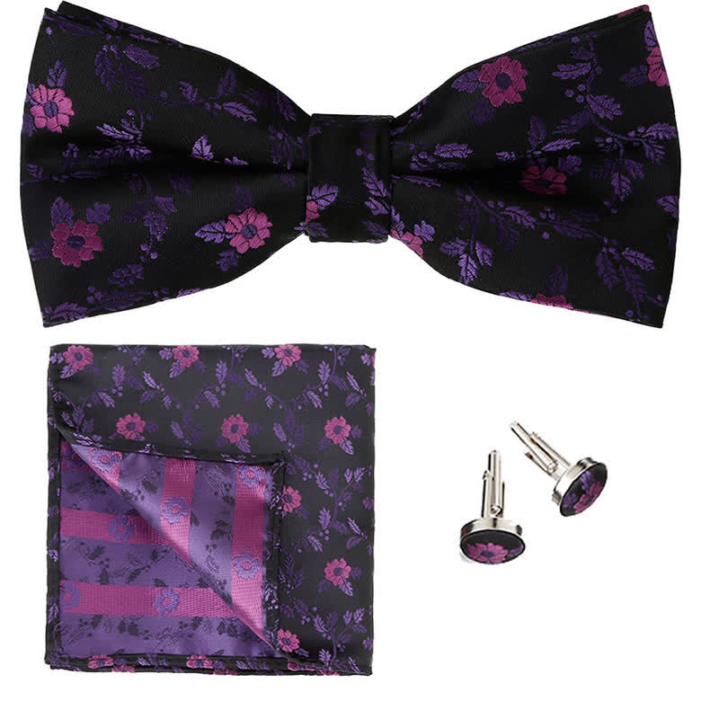 Set di 3 cravatte a farfalla con fazzoletto da taschino e fiori colorati da uomo - Viola - image 6