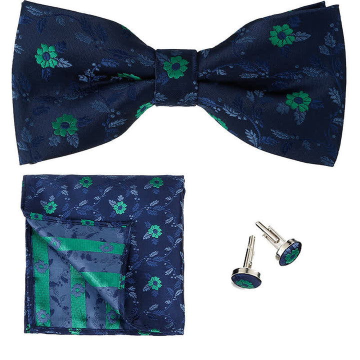 Set di 3 cravatte a farfalla con fazzoletto da taschino e fiori colorati da uomo - Blu marino e verde - image 7