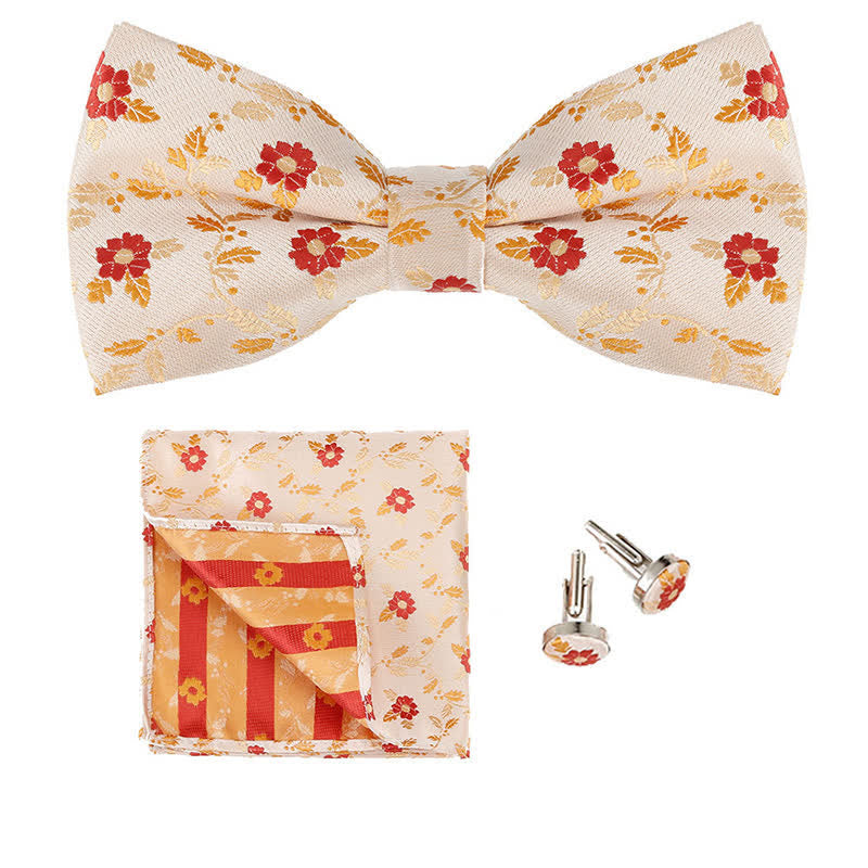 Set di 3 cravatte a farfalla con fazzoletto da taschino e fiori colorati da uomo - Avorio e giallo - image 2