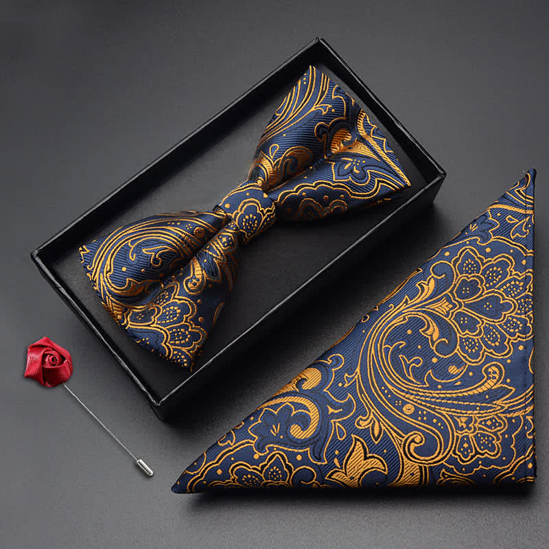 Set di 3 papillon da uomo con motivo Paisley Noble Pocket Corsage - Oro e blu navy - image 2