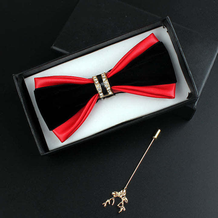 Set di 2 papillon con spilla di cervo in pelle PU con decorazione in cristallo da uomo - Rosso - image 4