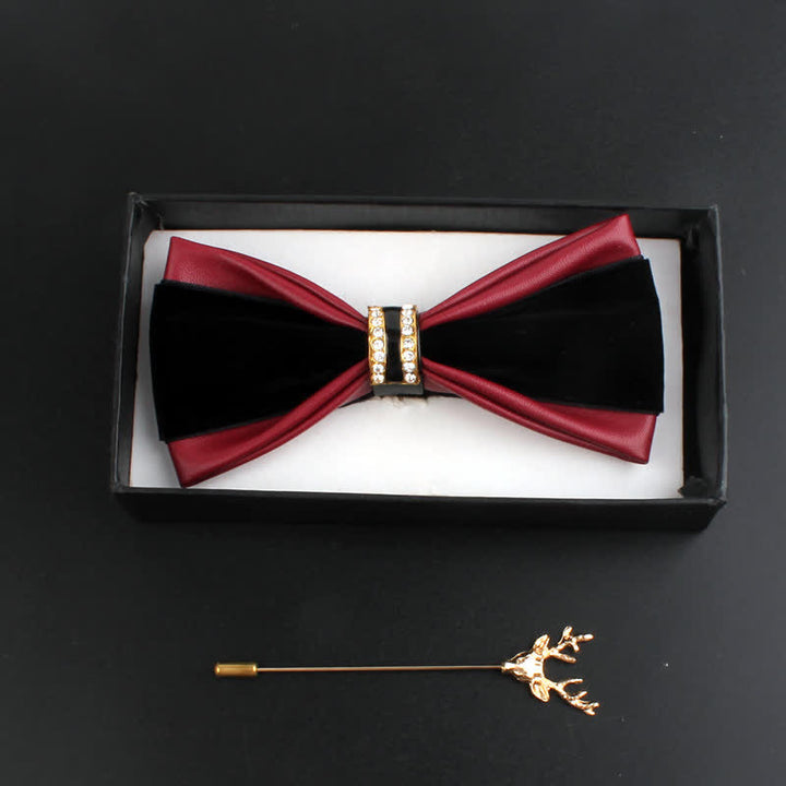 Set di 2 papillon con spilla di cervo in pelle PU con decorazione in cristallo da uomo - Borgogna - image 7