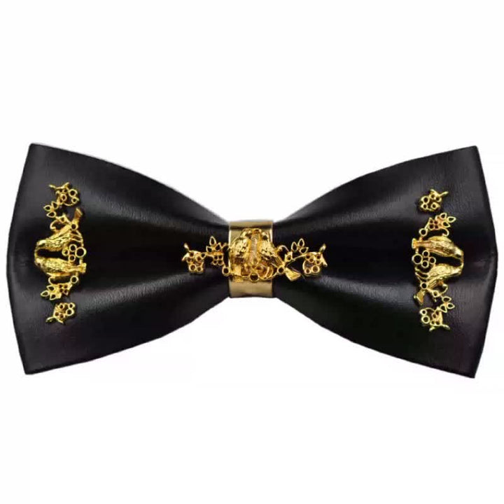 Papillon da uomo in pelle PU nera con accenti floreali in metallo dorato - Stile n. 3 - image 8