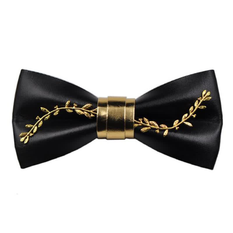 Papillon da uomo in pelle PU nera con accenti floreali in metallo dorato - Stile n. 1 - image 1