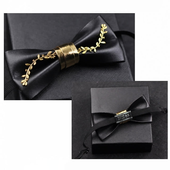Papillon da uomo in pelle PU nera con accenti floreali in metallo dorato - image 3