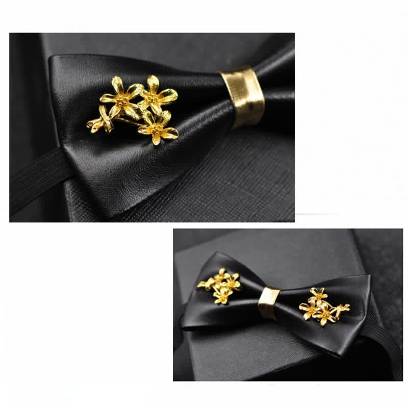 Papillon da uomo in pelle PU nera con accenti floreali in metallo dorato - image 15