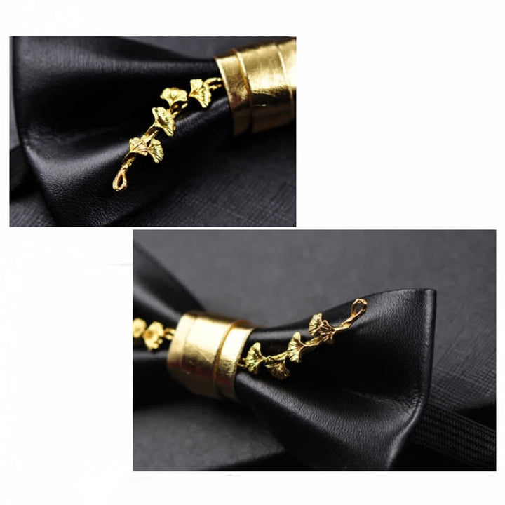 Papillon da uomo in pelle PU nera con accenti floreali in metallo dorato - image 7