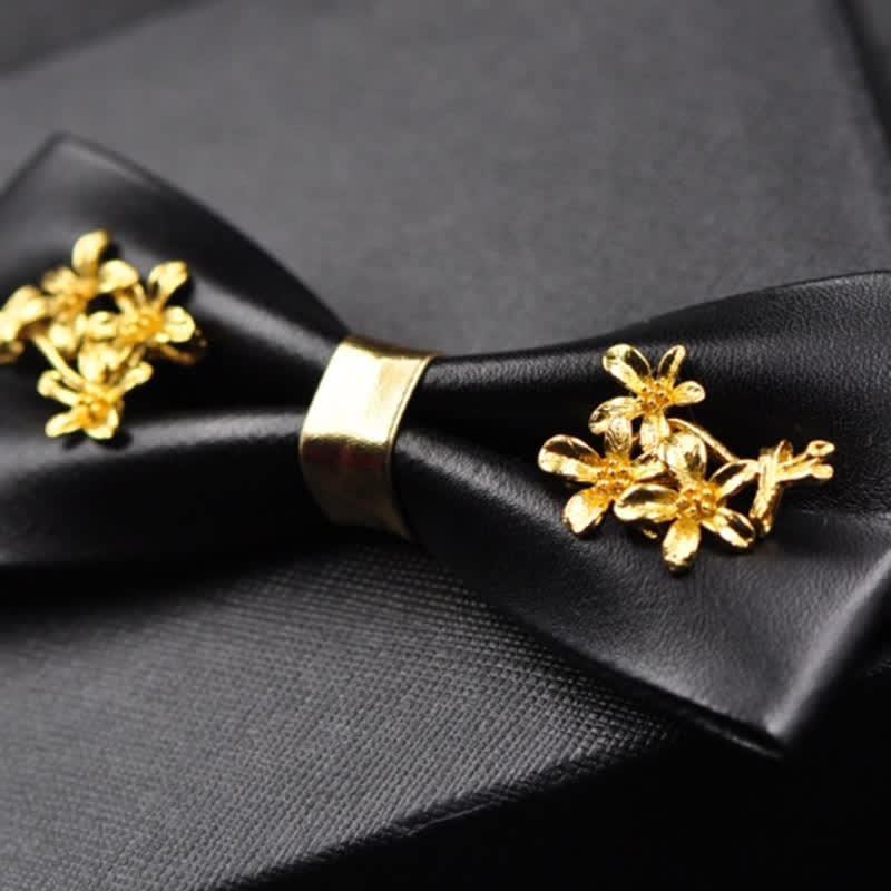 Papillon da uomo in pelle PU nera con accenti floreali in metallo dorato - image 14