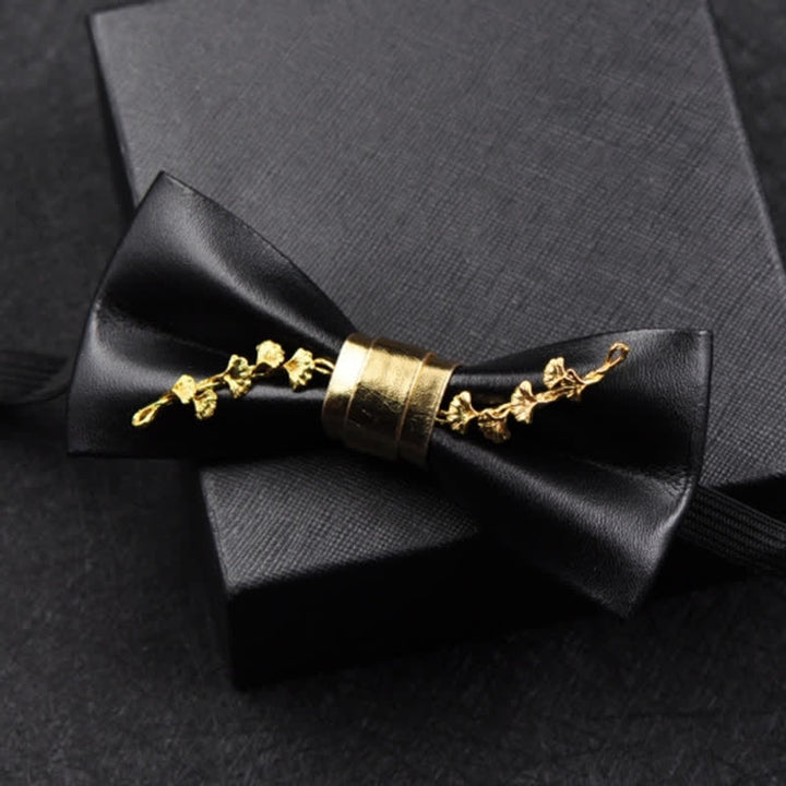 Papillon da uomo in pelle PU nera con accenti floreali in metallo dorato - image 6