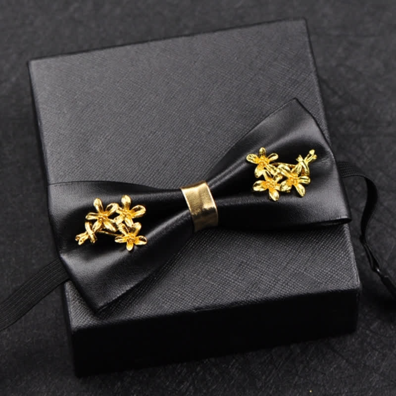 Papillon da uomo in pelle PU nera con accenti floreali in metallo dorato - image 13