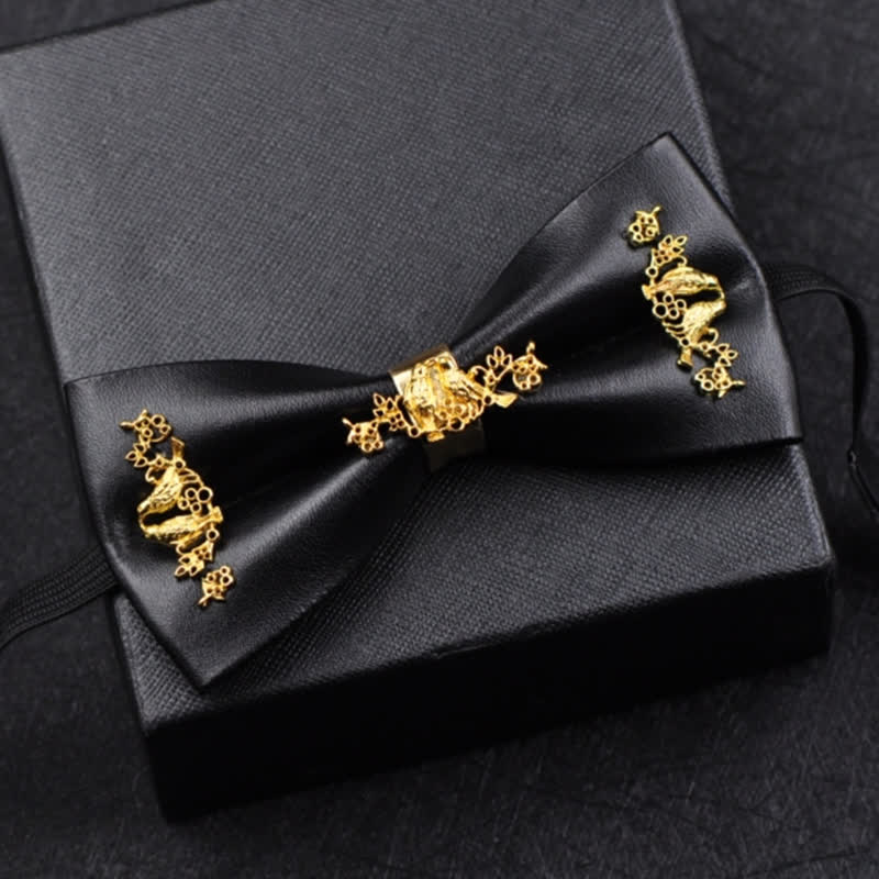 Papillon da uomo in pelle PU nera con accenti floreali in metallo dorato - image 9