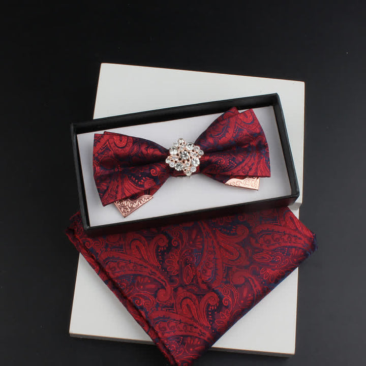 Set di 2 papillon con decorazioni in metallo dorato e motivo Paisley a doppio strato da uomo - Stile n. 2 - Borgogna - Papillon + Sciarpa Quadrata - image 6