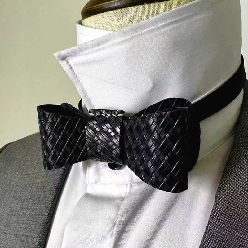 Papillon da uomo in vera pelle con motivo intrecciato nero - image 1