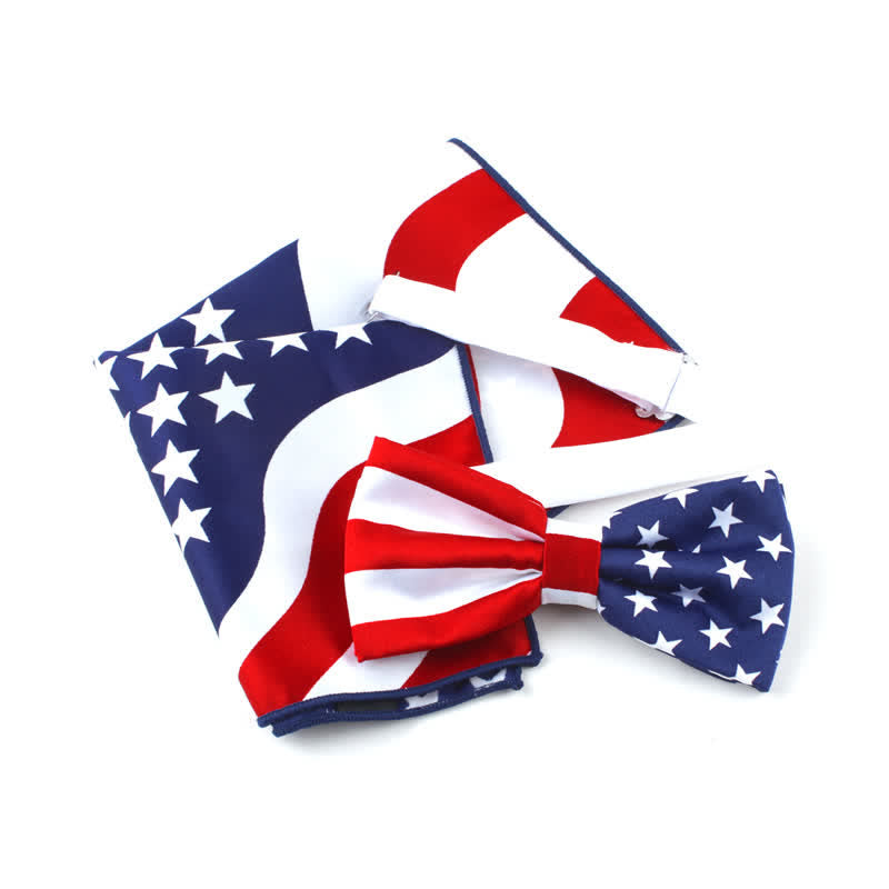 Set di 3 fazzoletti con papillon e cravatta stampati con bandiera americana da uomo - Papillon + fazzoletto da taschino - image 1