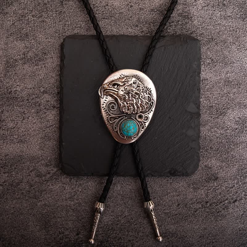 Cravatta Bolo con ciondolo aquila incisa in pietra turchese naturale - Argento antico - image 0