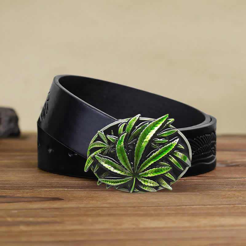 Cintura in pelle con fibbia a forma di pianta d'acero verde fai da te da uomo - Acero - Cintura aquila nera in rilievo - 120 cm / 48 pollici - image 1