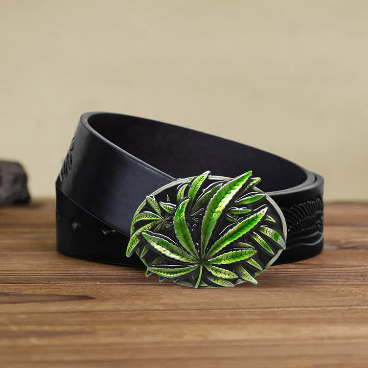 Cintura in pelle con fibbia a forma di pianta d'acero verde fai da te da uomo - Acero - Cintura aquila nera in rilievo - 120 cm / 48 pollici - image 1