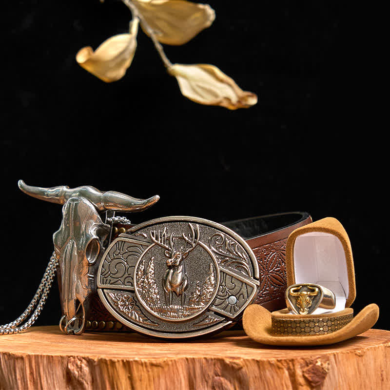 Set di anelli con ciondolo a forma di toro con corna di cervo fai da te, fibbia per cintura con coltello nascosto - Cervo - Cintura con rivetti marroni - 42 - image 8