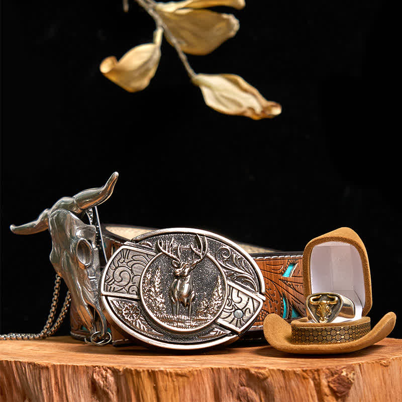 Set di anelli con ciondolo a forma di toro con corna di cervo fai da te, fibbia per cintura con coltello nascosto - Cervo - Cintura intagliata turchese - 42 - image 7