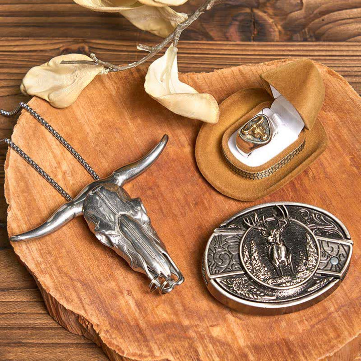 Set di anelli con ciondolo a forma di toro con corna di cervo fai da te, fibbia per cintura con coltello nascosto - Cervo - Senza cintura - Senza cintura - image 1