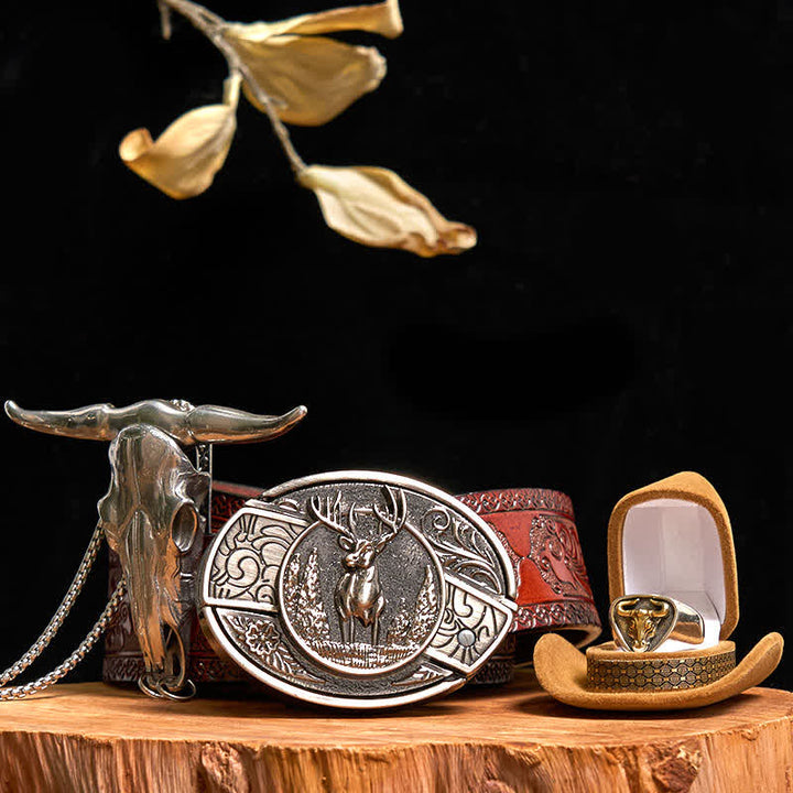 Set di anelli con ciondolo a forma di toro con corna di cervo fai da te, fibbia per cintura con coltello nascosto - Cervo - Cintura marrone intagliata - 42 - image 10