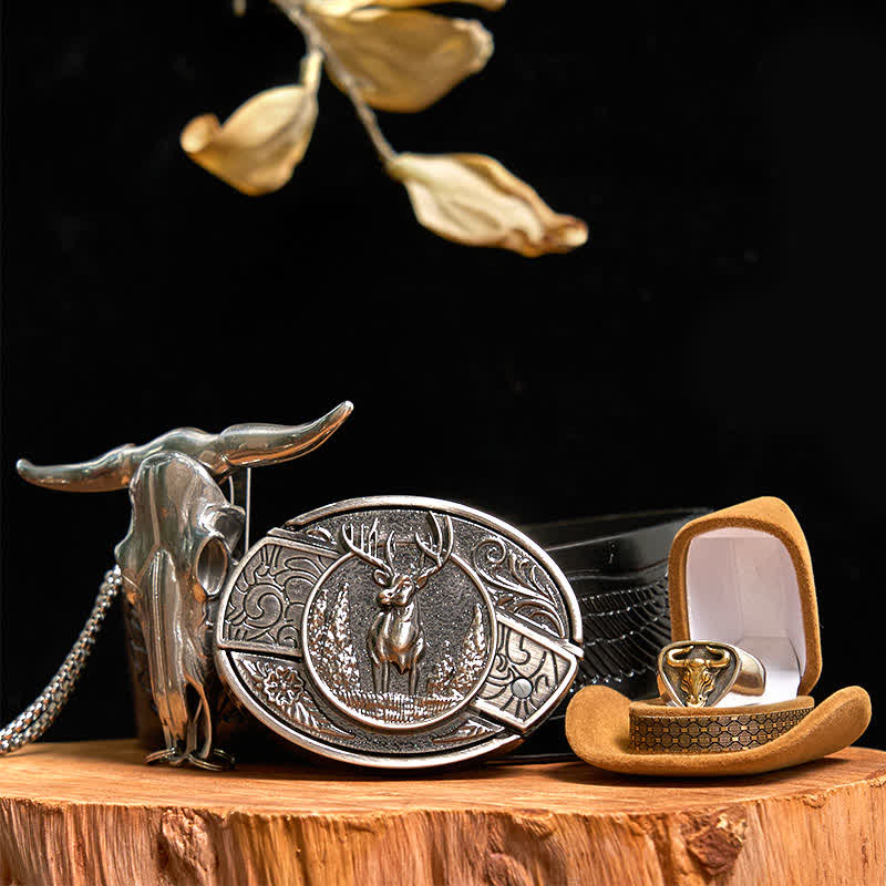 Set di anelli con ciondolo a forma di toro con corna di cervo fai da te, fibbia per cintura con coltello nascosto - Cervo - Cintura con aquila in rilievo nera - 42 - image 0