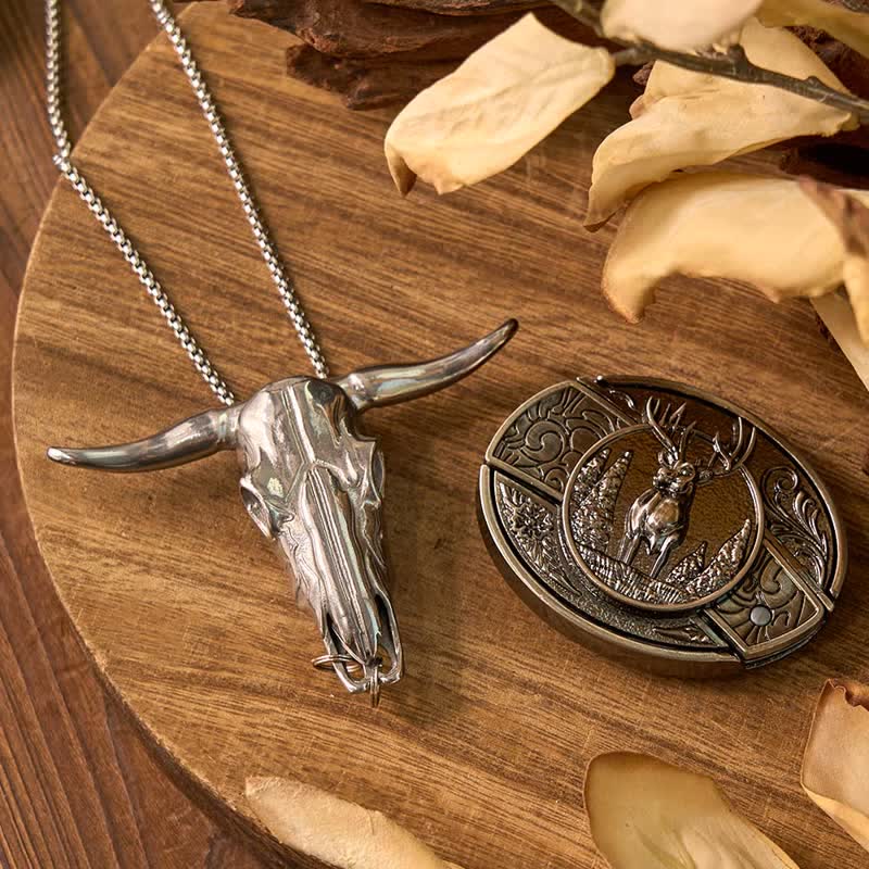 Set di anelli con ciondolo a forma di toro con corna di cervo fai da te, fibbia per cintura con coltello nascosto - image 2