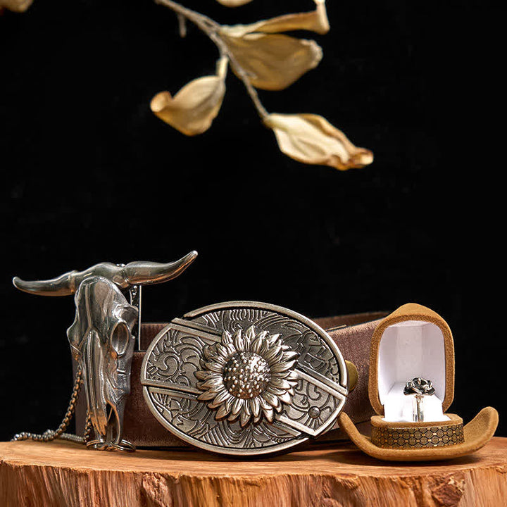 Set di anelli con fibbia per cintura con coltello nascosto fai da te a forma di girasole, ciondolo a forma di toro e rosa - Girasole - Cintura marrone anticata - 42 - image 8