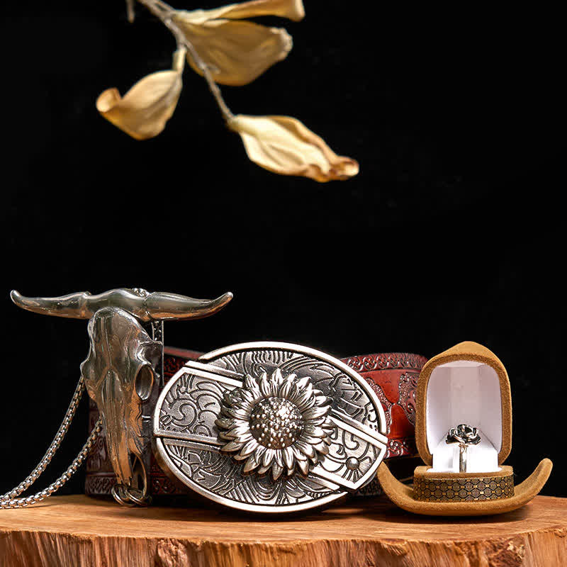Set di anelli con fibbia per cintura con coltello nascosto fai da te a forma di girasole, ciondolo a forma di toro e rosa - Girasole - Cintura marrone intagliata - 42 - image 9