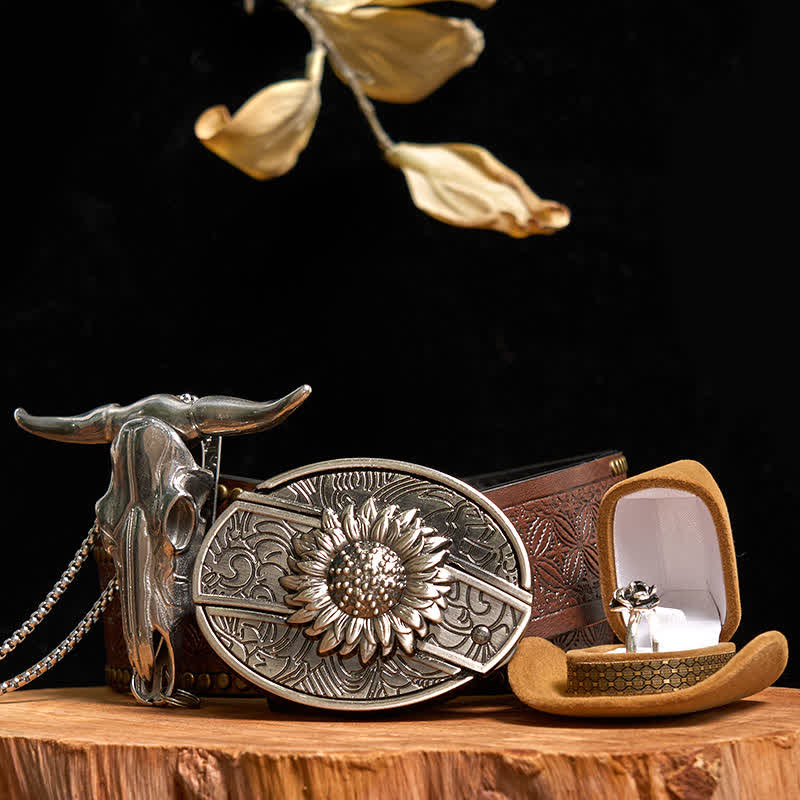 Set di anelli con fibbia per cintura con coltello nascosto fai da te a forma di girasole, ciondolo a forma di toro e rosa - Girasole - Cintura con rivetti marroni - 42 - image 7