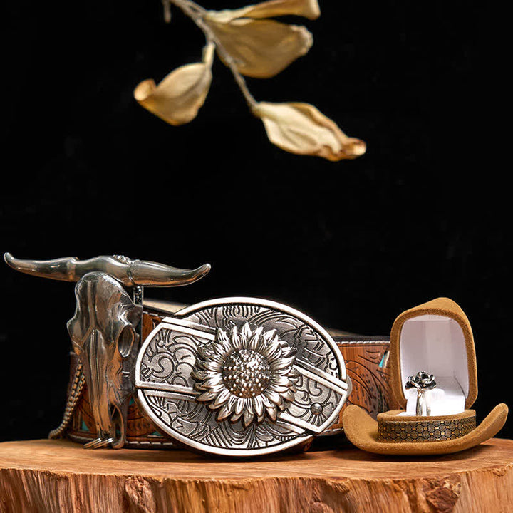 Set di anelli con fibbia per cintura con coltello nascosto fai da te a forma di girasole, ciondolo a forma di toro e rosa - Girasole - Cintura intagliata turchese - 42 - image 6