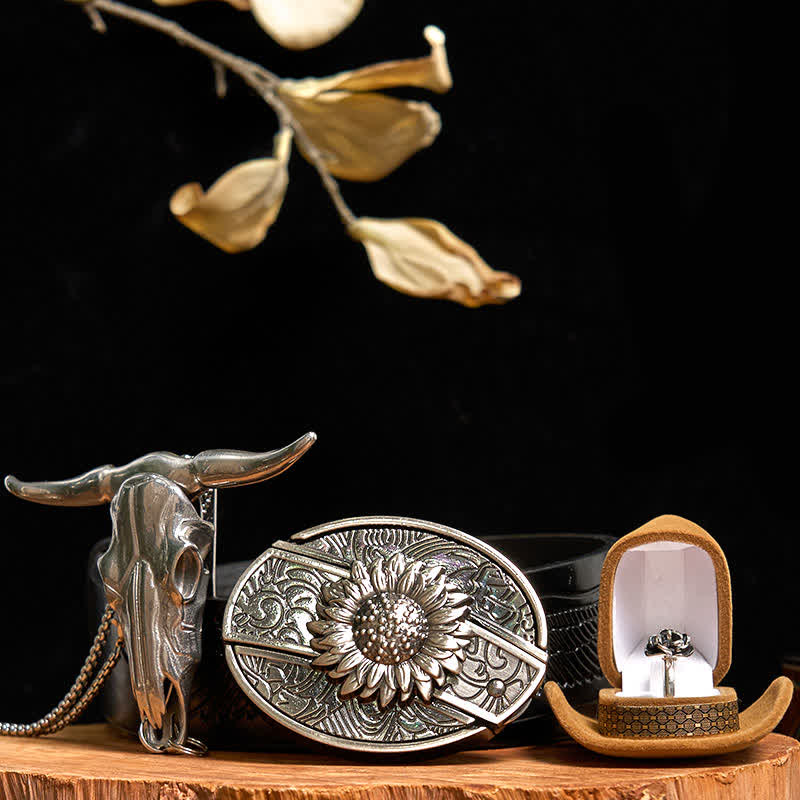 Set di anelli con fibbia per cintura con coltello nascosto fai da te a forma di girasole, ciondolo a forma di toro e rosa - Girasole - Cintura con aquila in rilievo nera - 42 - image 0