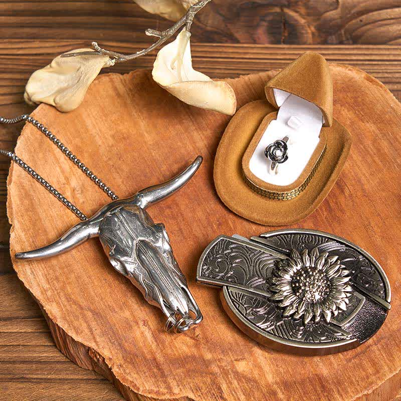 Set di anelli con fibbia per cintura con coltello nascosto fai da te a forma di girasole, ciondolo a forma di toro e rosa - Girasole - Senza cintura - Cintura non inclusa - image 1